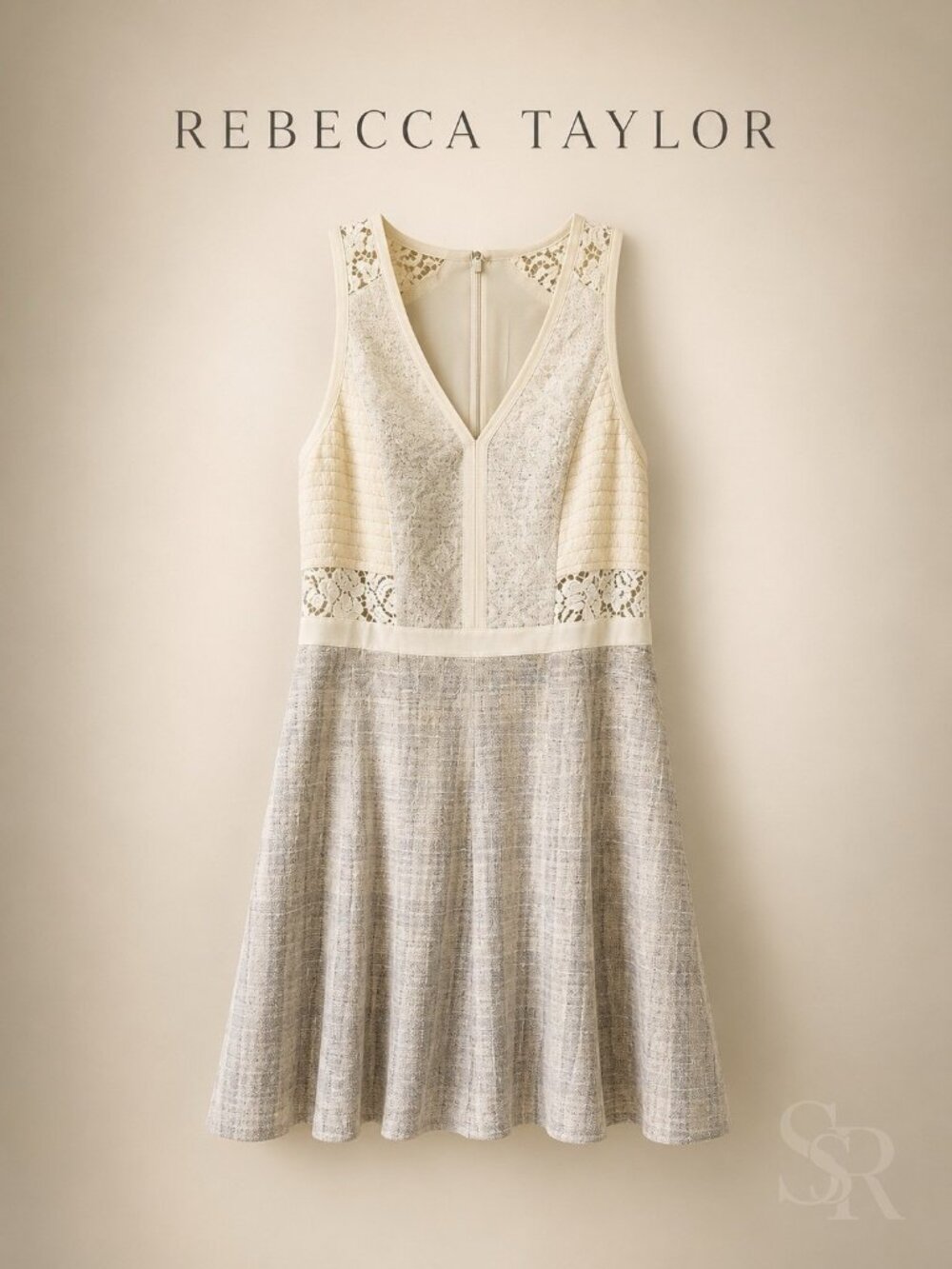 Rebecca Taylor Mixed Media Lace Fit & Flare Dress Size 12 Blue Ivory Tweed Jacqu